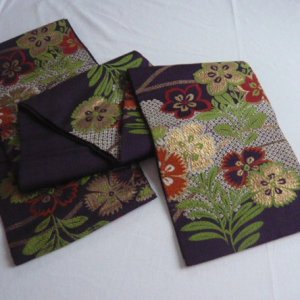 Photo1: Purple and cute flower pattern vintage Obi (Kimono Belt)