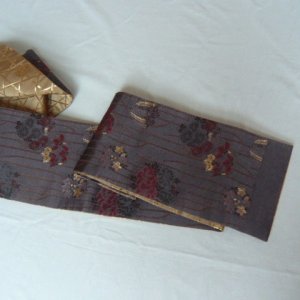 Photo2: Dark purple and gold reversible vintage Obi (Kimono Belt)