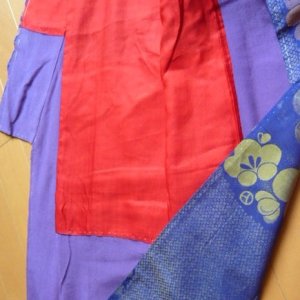 Photo5: Fascinating purple and red color vintage kimono