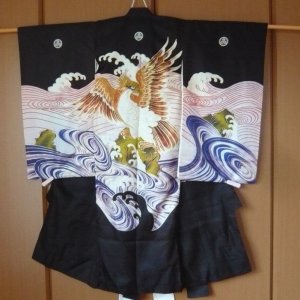 Photo1: Dynamic eagle is embroidered, Vintage Kimono for boy