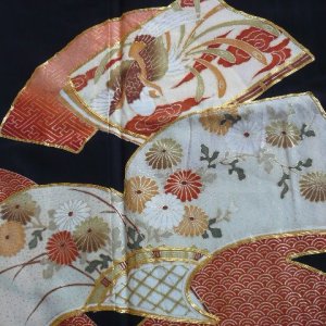 Photo5: Attractive a hawk is drawn in a fan. Vintage Kimono Black Tomesode