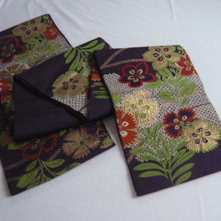 Purple and cute flower pattern vintage Obi (Kimono Belt)