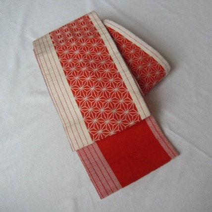 Photo1: Simple and sylish geometrical pattern red OBI (kimono and yukatabelt)