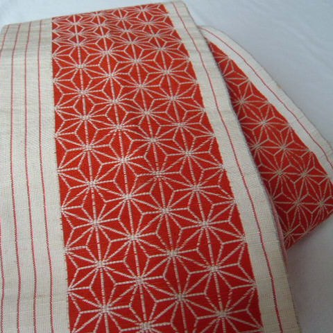 Photo3: Simple and sylish geometrical pattern red OBI (kimono and yukatabelt)