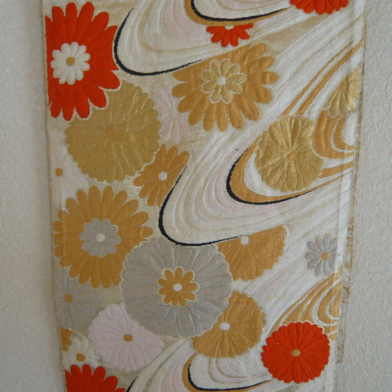 Photo3: Flower & waves - a piece of Kimono obi fabric