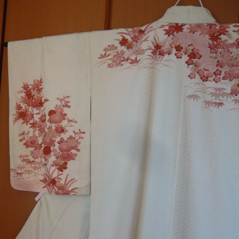 Photo5: Atractive red flowers white  Vintage Kimono homongi