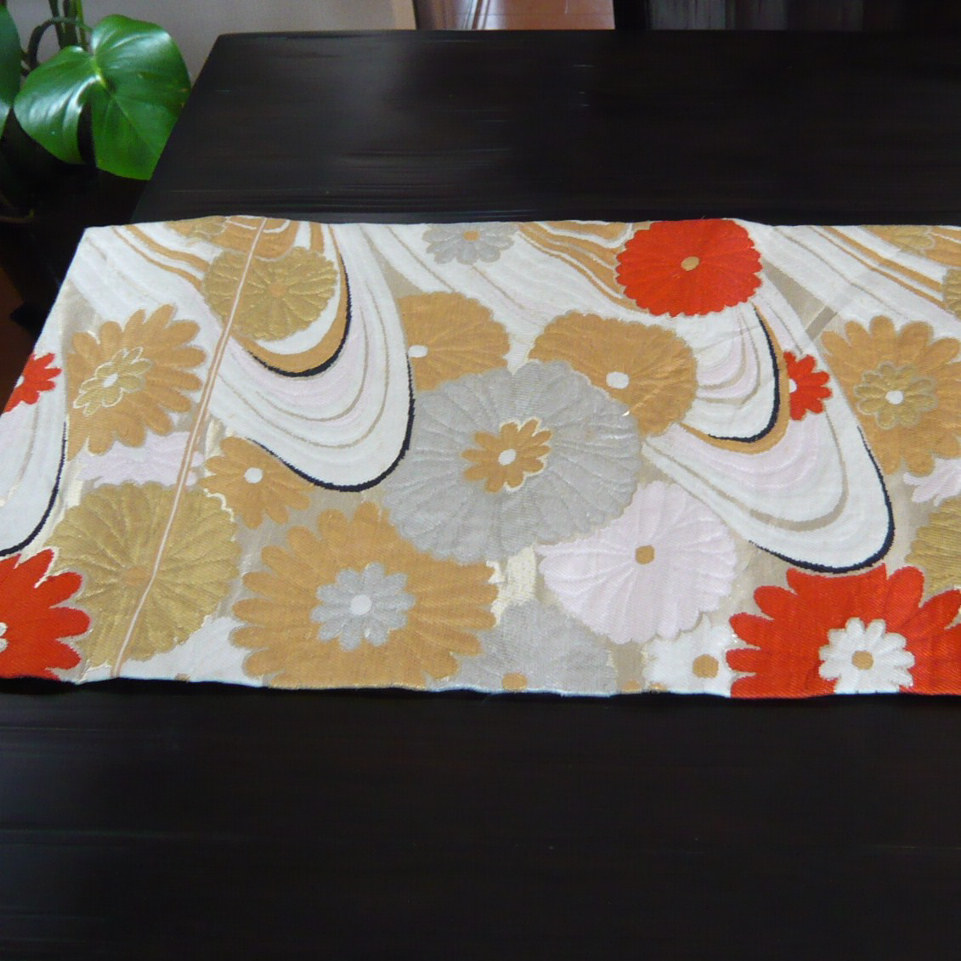 Photo1: Flower & waves - a piece of Kimono obi fabric