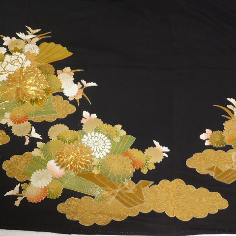 Photo3: Luxurious flowers & Japnese fan Vintage Kimono Black Tomesode