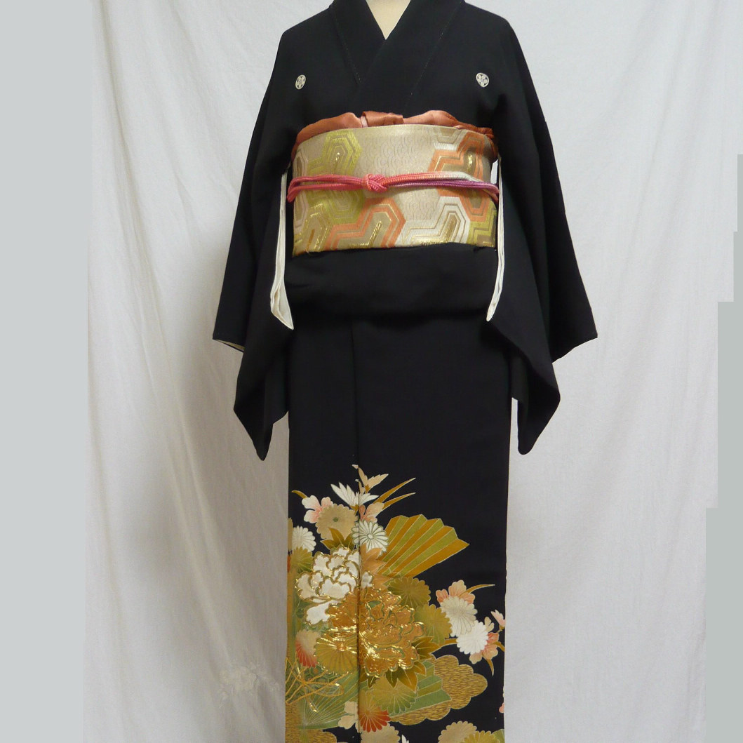 Photo2: Luxurious flowers & Japnese fan Vintage Kimono Black Tomesode