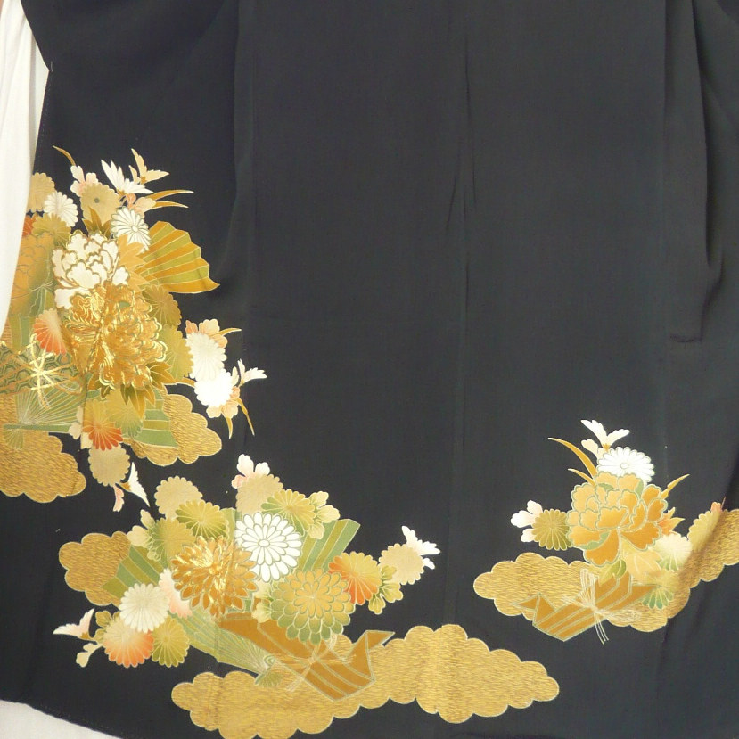 Photo4: Luxurious flowers & Japnese fan Vintage Kimono Black Tomesode