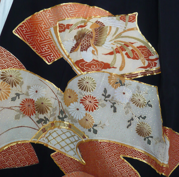 Photo3: Attractive a hawk is drawn in a fan. Vintage Kimono Black Tomesode