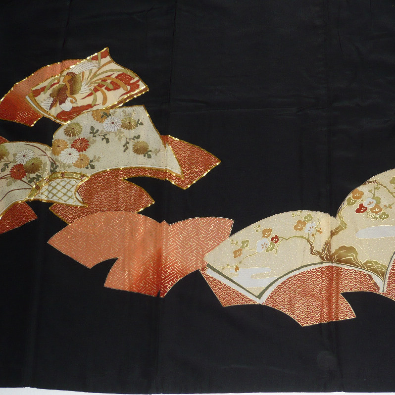 Photo4: Attractive a hawk is drawn in a fan. Vintage Kimono Black Tomesode